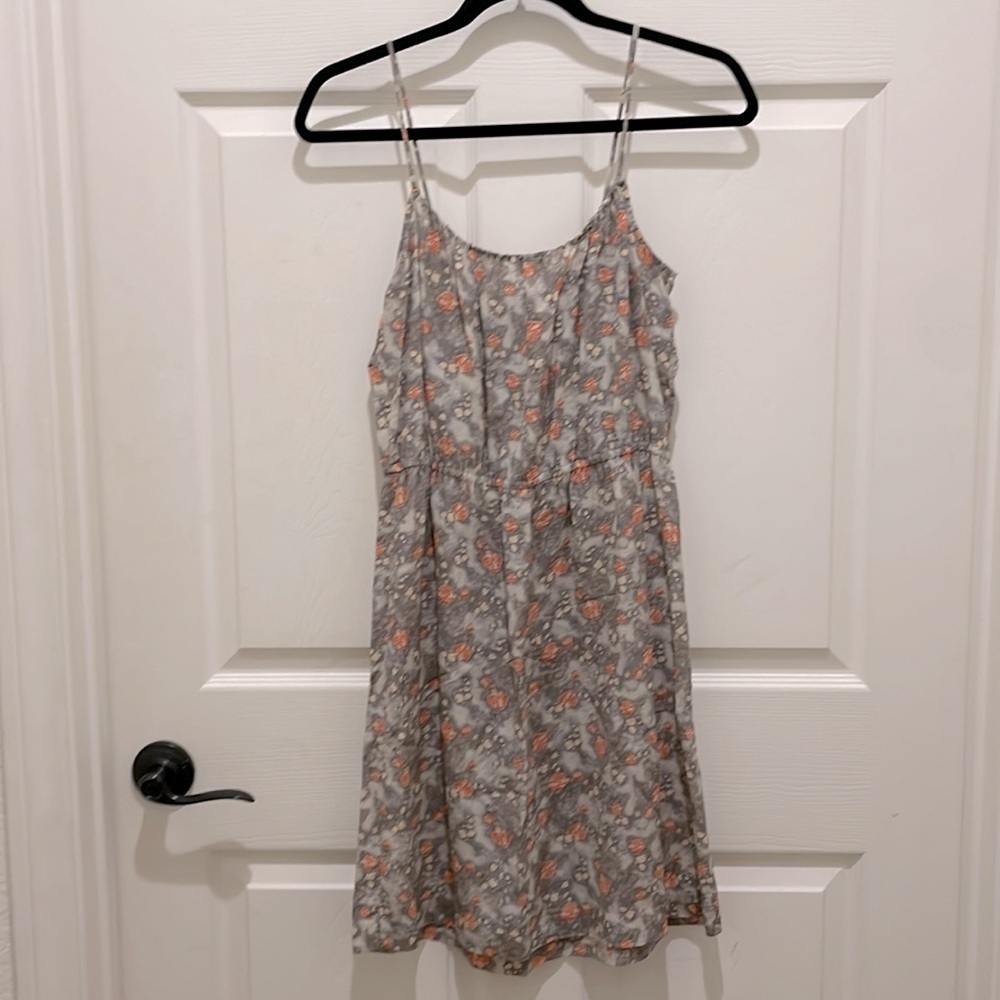 Hinge Gray Floral with Orange Flowers Spaghetti Strap Gathered Waist Silk Dress - Picture 2 of 9